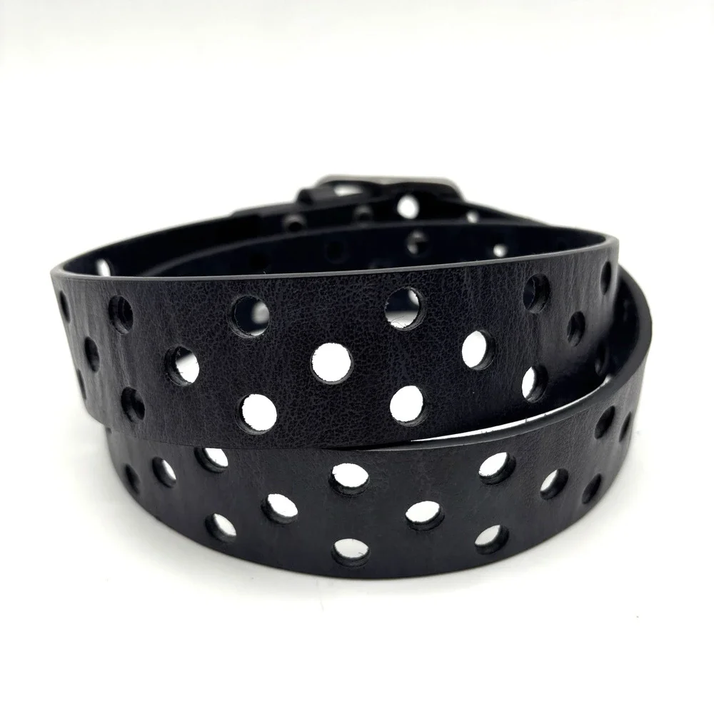 Vintage Y2K Black Genuine Leather Single Prong 3-row Holes Belt S/M Up to 36
